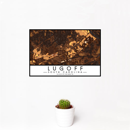 12x18 Lugoff South Carolina Map Print Landscape Orientation in Ember Style With Small Cactus Plant in White Planter