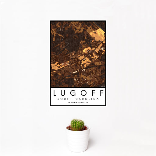 12x18 Lugoff South Carolina Map Print Portrait Orientation in Ember Style With Small Cactus Plant in White Planter