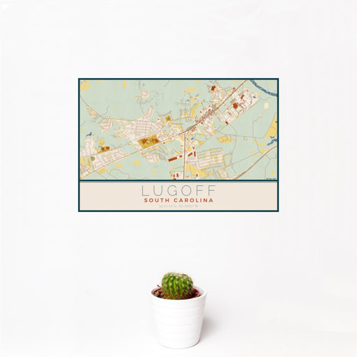 12x18 Lugoff South Carolina Map Print Landscape Orientation in Woodblock Style With Small Cactus Plant in White Planter