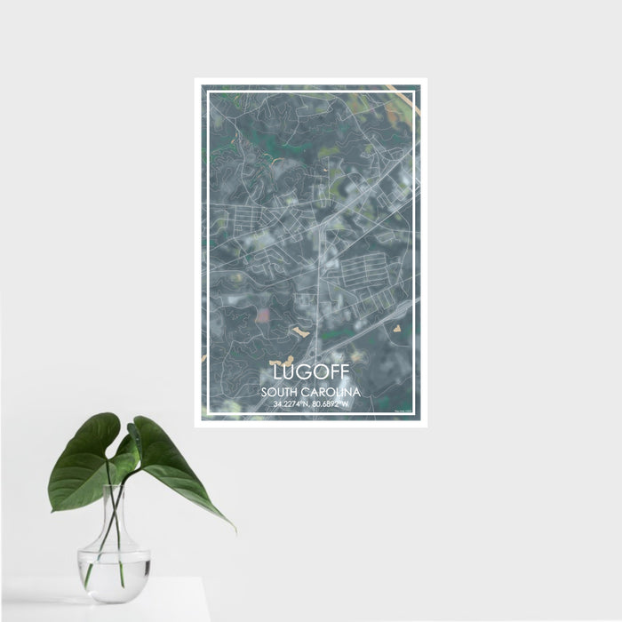16x24 Lugoff South Carolina Map Print Portrait Orientation in Afternoon Style With Tropical Plant Leaves in Water