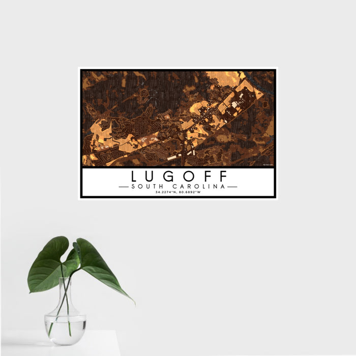 16x24 Lugoff South Carolina Map Print Landscape Orientation in Ember Style With Tropical Plant Leaves in Water