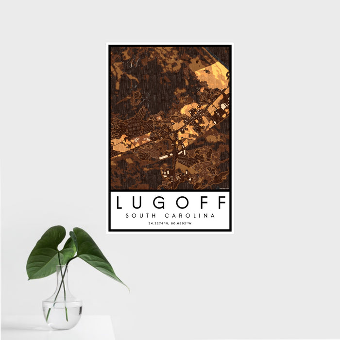 16x24 Lugoff South Carolina Map Print Portrait Orientation in Ember Style With Tropical Plant Leaves in Water