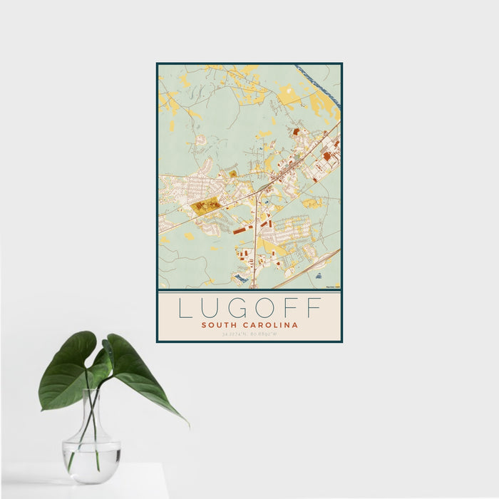 16x24 Lugoff South Carolina Map Print Portrait Orientation in Woodblock Style With Tropical Plant Leaves in Water