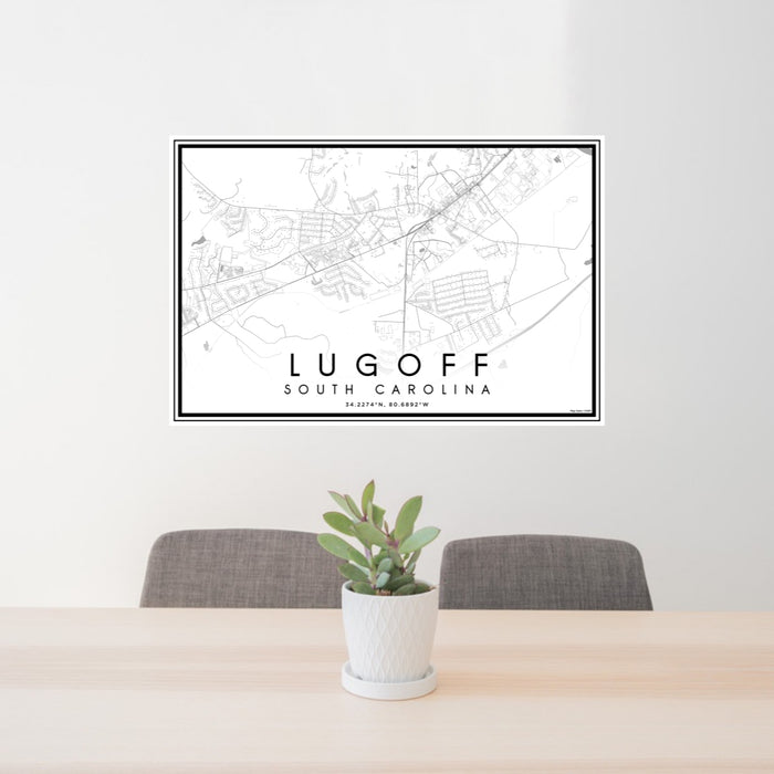 24x36 Lugoff South Carolina Map Print Lanscape Orientation in Classic Style Behind 2 Chairs Table and Potted Plant