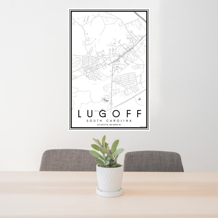 24x36 Lugoff South Carolina Map Print Portrait Orientation in Classic Style Behind 2 Chairs Table and Potted Plant