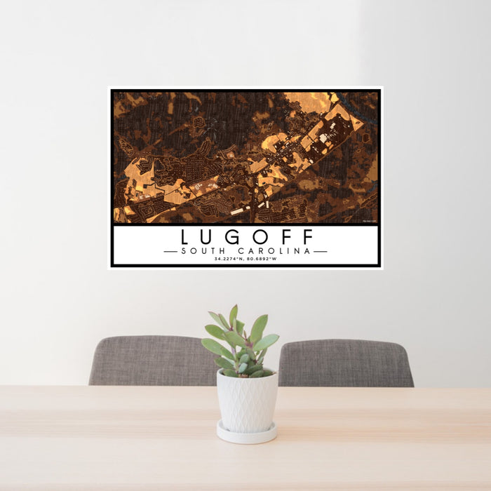 24x36 Lugoff South Carolina Map Print Lanscape Orientation in Ember Style Behind 2 Chairs Table and Potted Plant