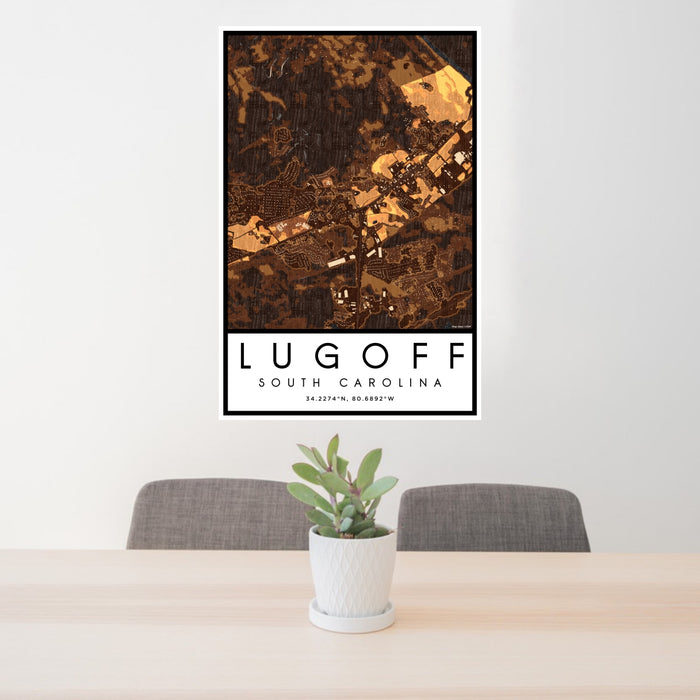 24x36 Lugoff South Carolina Map Print Portrait Orientation in Ember Style Behind 2 Chairs Table and Potted Plant