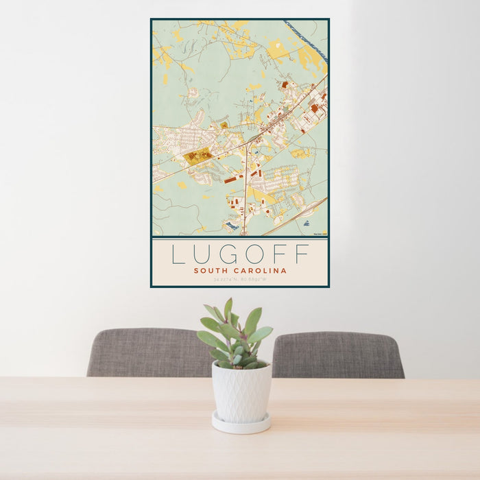24x36 Lugoff South Carolina Map Print Portrait Orientation in Woodblock Style Behind 2 Chairs Table and Potted Plant