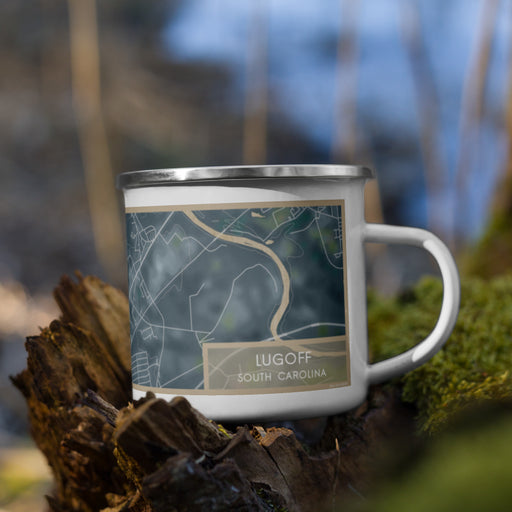 Right View Custom Lugoff South Carolina Map Enamel Mug in Afternoon on Grass With Trees in Background