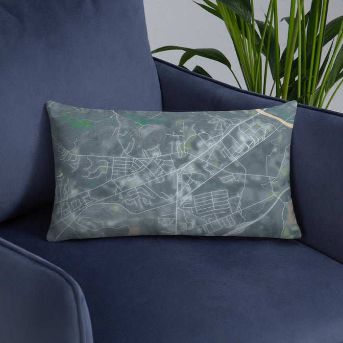 Custom Lugoff South Carolina Map Throw Pillow in Afternoon on Blue Colored Chair