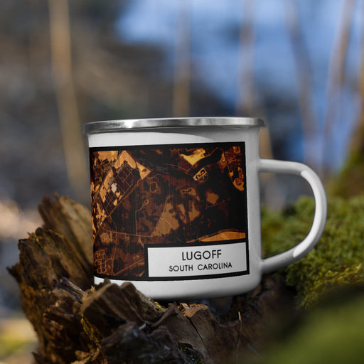 Right View Custom Lugoff South Carolina Map Enamel Mug in Ember on Grass With Trees in Background