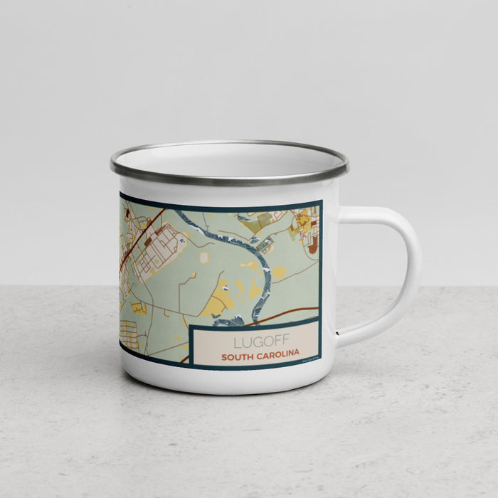 Right View Custom Lugoff South Carolina Map Enamel Mug in Woodblock