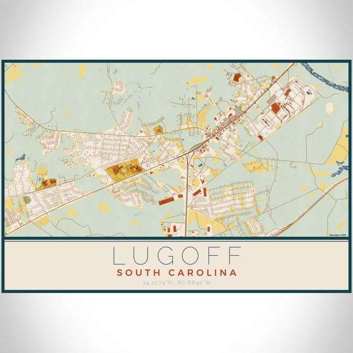 Lugoff South Carolina Map Print Landscape Orientation in Woodblock Style With Shaded Background