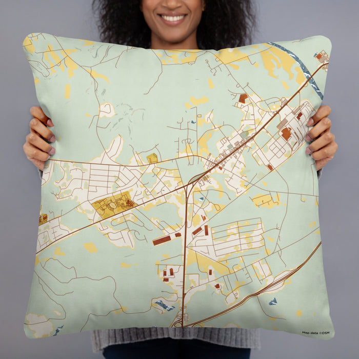Person holding 22x22 Custom Lugoff South Carolina Map Throw Pillow in Woodblock