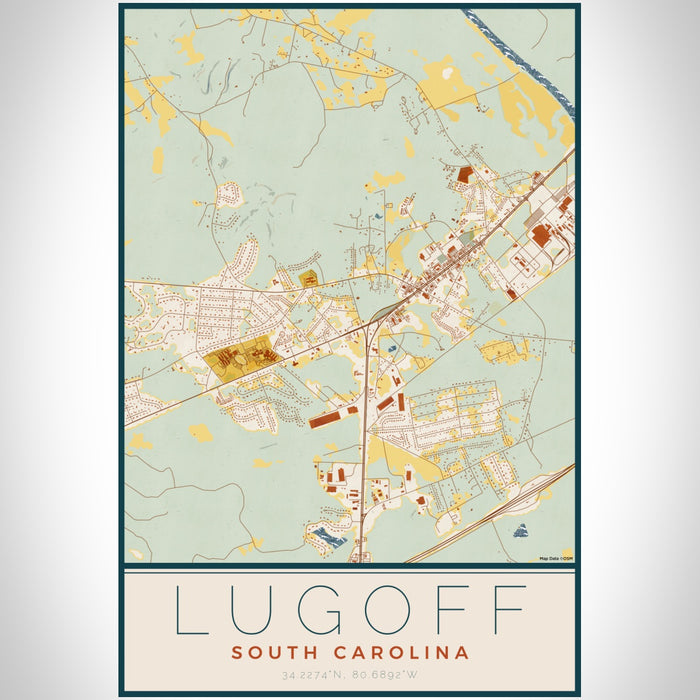 Lugoff South Carolina Map Print Portrait Orientation in Woodblock Style With Shaded Background