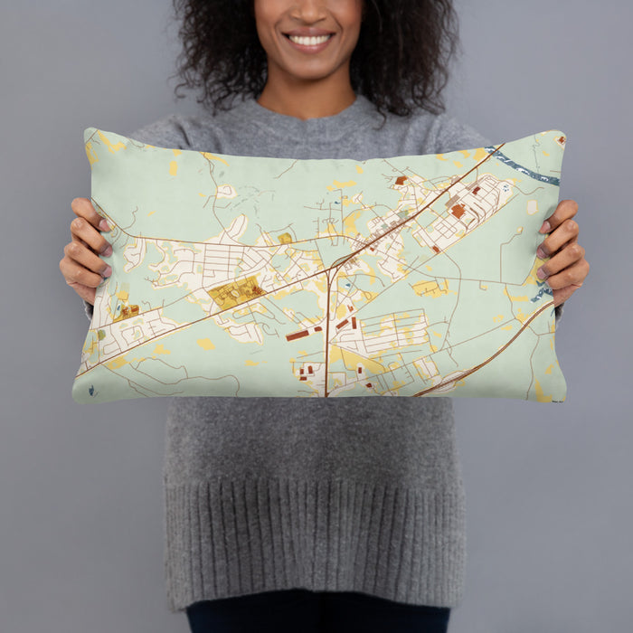 Person holding 20x12 Custom Lugoff South Carolina Map Throw Pillow in Woodblock