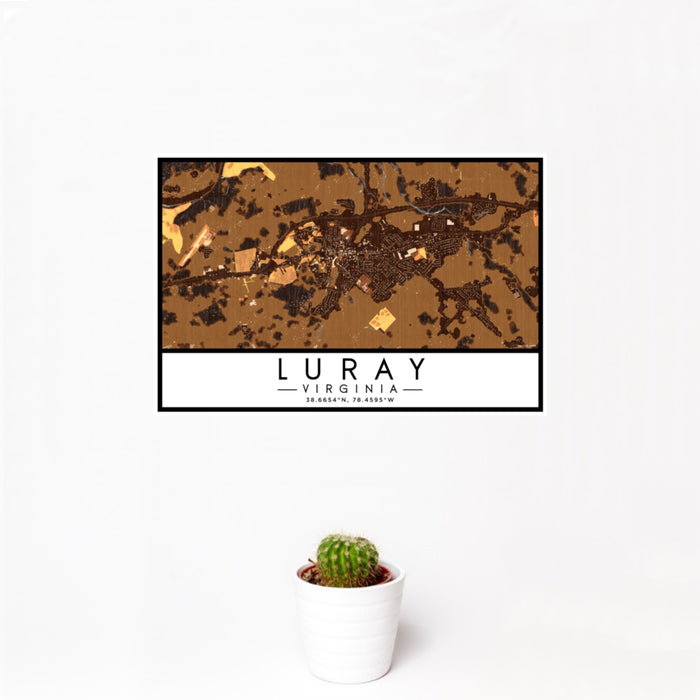 12x18 Luray Virginia Map Print Landscape Orientation in Ember Style With Small Cactus Plant in White Planter