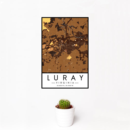 12x18 Luray Virginia Map Print Portrait Orientation in Ember Style With Small Cactus Plant in White Planter