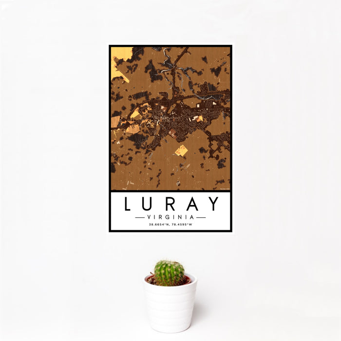 12x18 Luray Virginia Map Print Portrait Orientation in Ember Style With Small Cactus Plant in White Planter