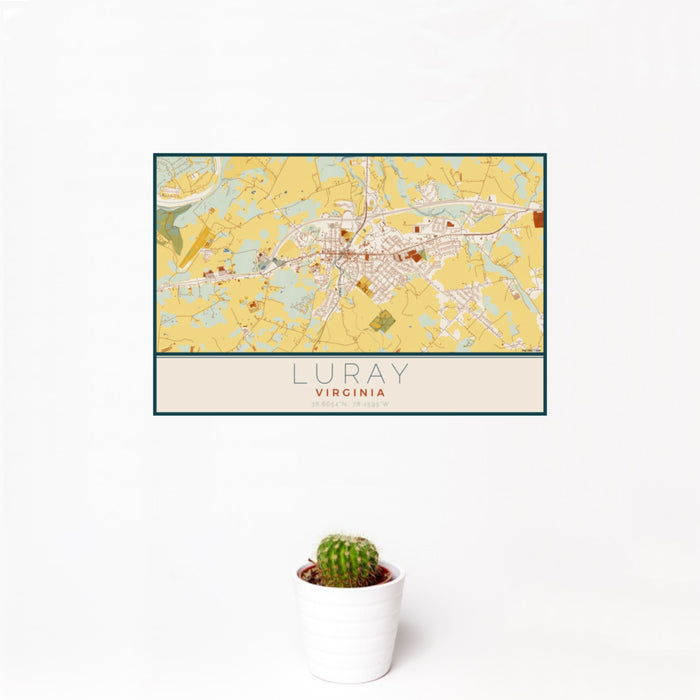12x18 Luray Virginia Map Print Landscape Orientation in Woodblock Style With Small Cactus Plant in White Planter
