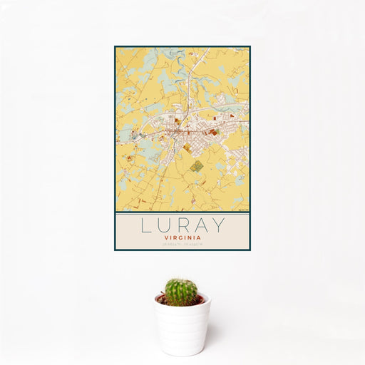 12x18 Luray Virginia Map Print Portrait Orientation in Woodblock Style With Small Cactus Plant in White Planter
