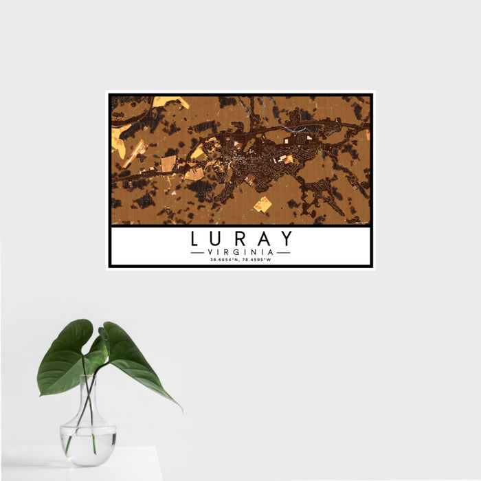 16x24 Luray Virginia Map Print Landscape Orientation in Ember Style With Tropical Plant Leaves in Water