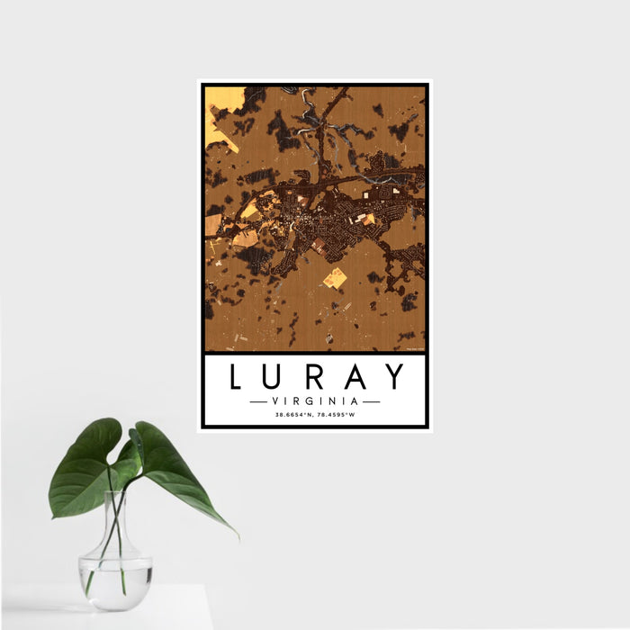 16x24 Luray Virginia Map Print Portrait Orientation in Ember Style With Tropical Plant Leaves in Water