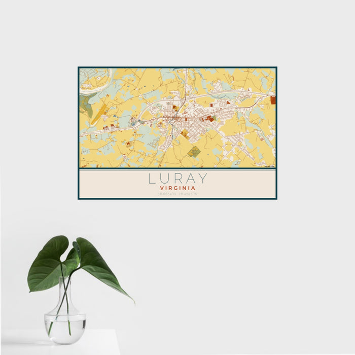 16x24 Luray Virginia Map Print Landscape Orientation in Woodblock Style With Tropical Plant Leaves in Water