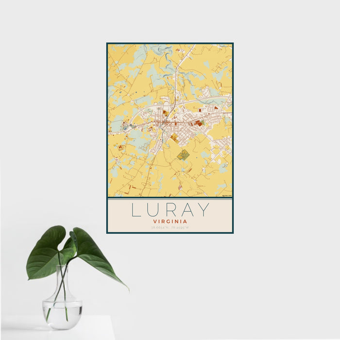 16x24 Luray Virginia Map Print Portrait Orientation in Woodblock Style With Tropical Plant Leaves in Water