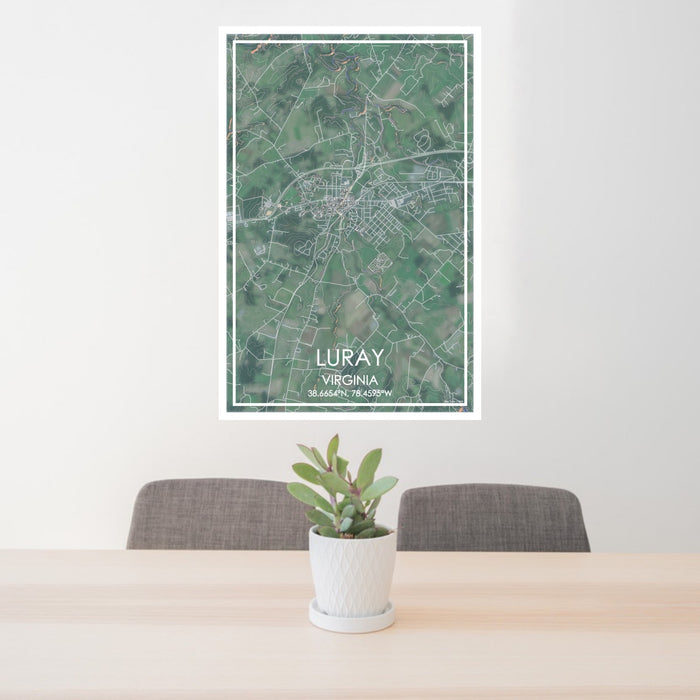24x36 Luray Virginia Map Print Portrait Orientation in Afternoon Style Behind 2 Chairs Table and Potted Plant