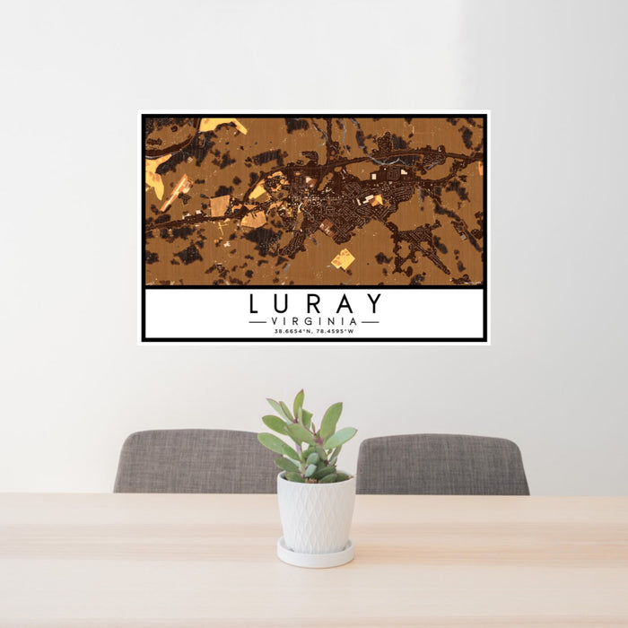 24x36 Luray Virginia Map Print Lanscape Orientation in Ember Style Behind 2 Chairs Table and Potted Plant