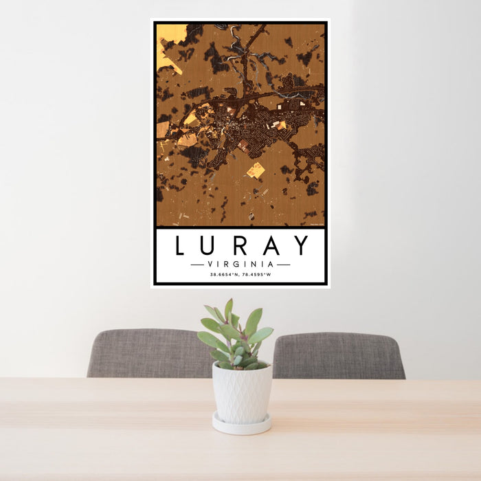 24x36 Luray Virginia Map Print Portrait Orientation in Ember Style Behind 2 Chairs Table and Potted Plant