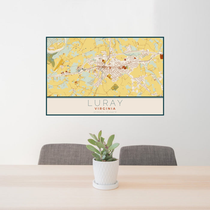 24x36 Luray Virginia Map Print Lanscape Orientation in Woodblock Style Behind 2 Chairs Table and Potted Plant