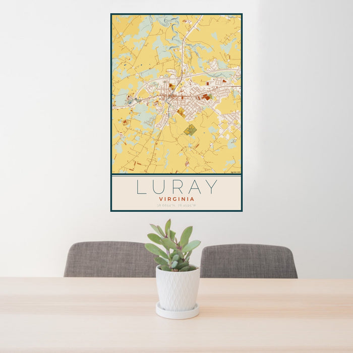 24x36 Luray Virginia Map Print Portrait Orientation in Woodblock Style Behind 2 Chairs Table and Potted Plant