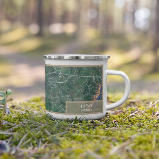 Right View Custom Luray Virginia Map Enamel Mug in Afternoon on Grass With Trees in Background
