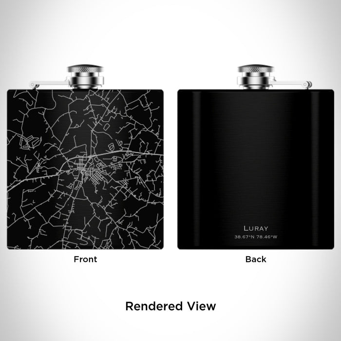 Rendered View of Luray Virginia Map Engraving on 6oz Stainless Steel Flask in Black
