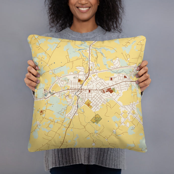 Person holding 18x18 Custom Luray Virginia Map Throw Pillow in Woodblock