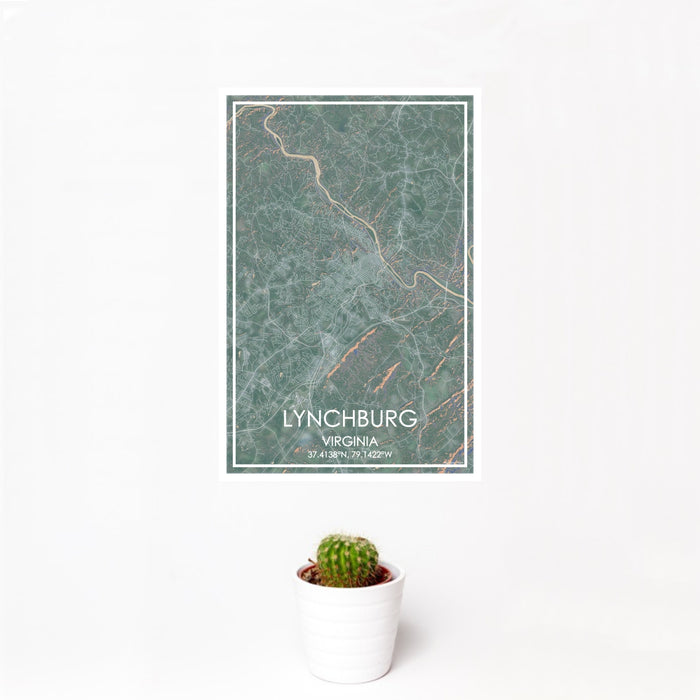 12x18 Lynchburg Virginia Map Print Portrait Orientation in Afternoon Style With Small Cactus Plant in White Planter