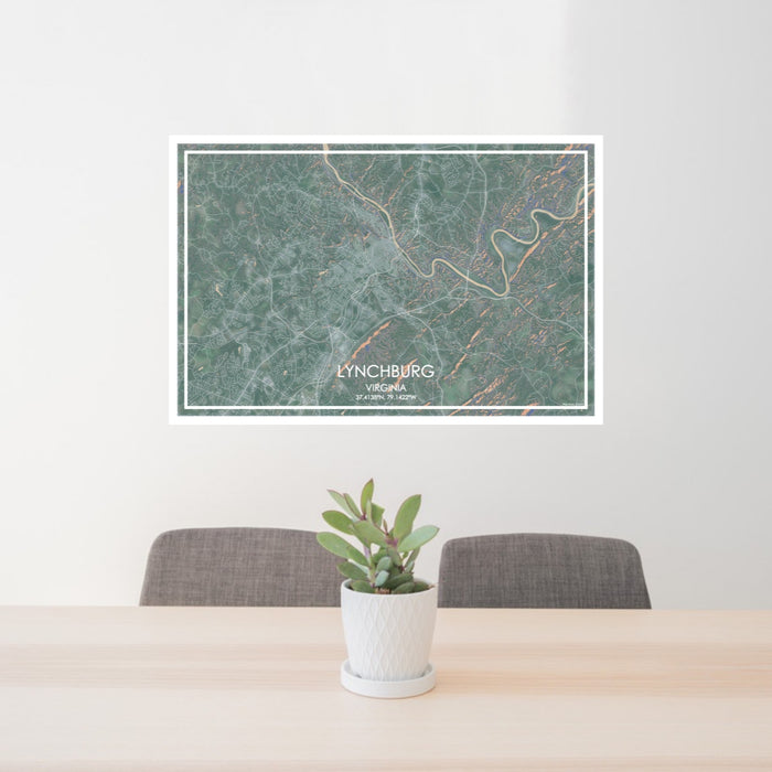 24x36 Lynchburg Virginia Map Print Lanscape Orientation in Afternoon Style Behind 2 Chairs Table and Potted Plant