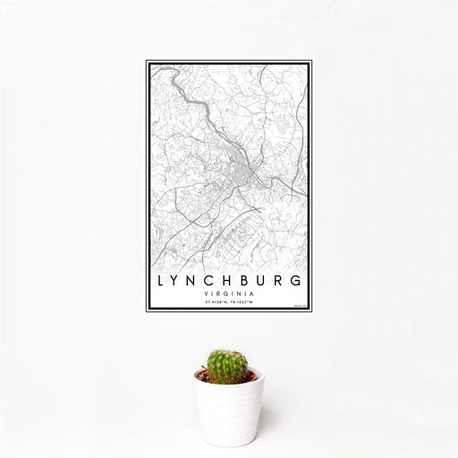 12x18 Lynchburg Virginia Map Print Portrait Orientation in Classic Style With Small Cactus Plant in White Planter