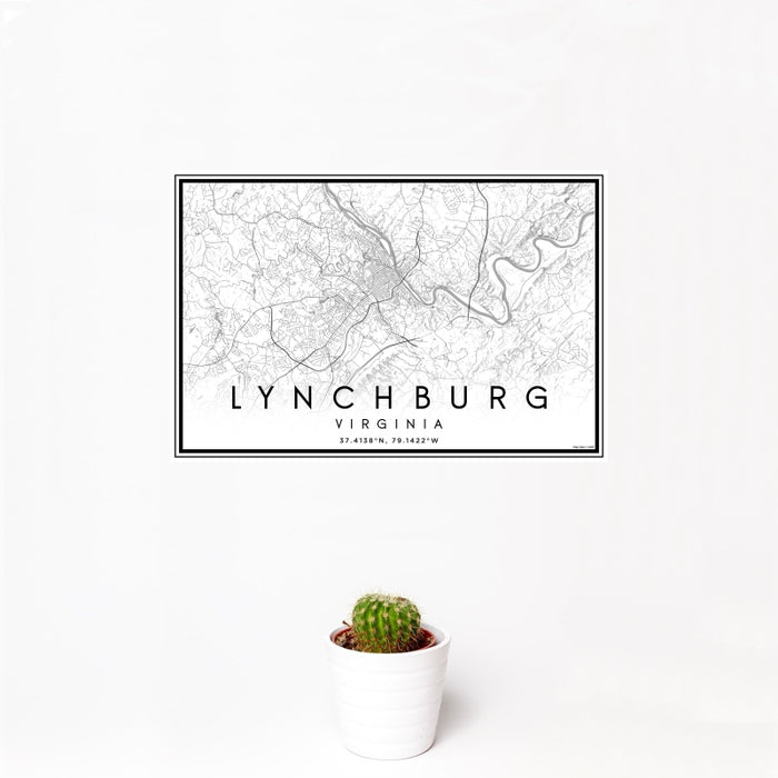 12x18 Lynchburg Virginia Map Print Landscape Orientation in Classic Style With Small Cactus Plant in White Planter