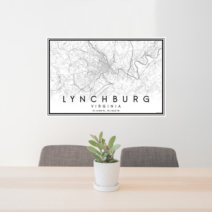 24x36 Lynchburg Virginia Map Print Landscape Orientation in Classic Style Behind 2 Chairs Table and Potted Plant