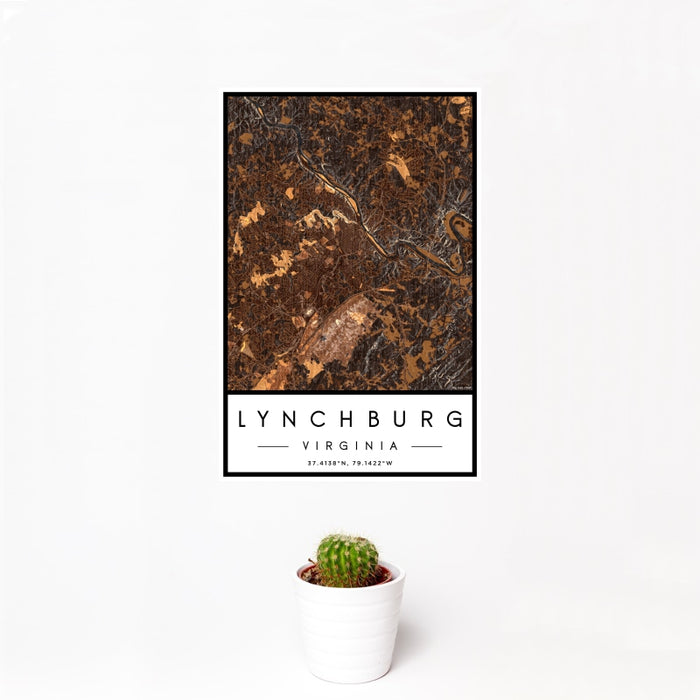 12x18 Lynchburg Virginia Map Print Portrait Orientation in Ember Style With Small Cactus Plant in White Planter