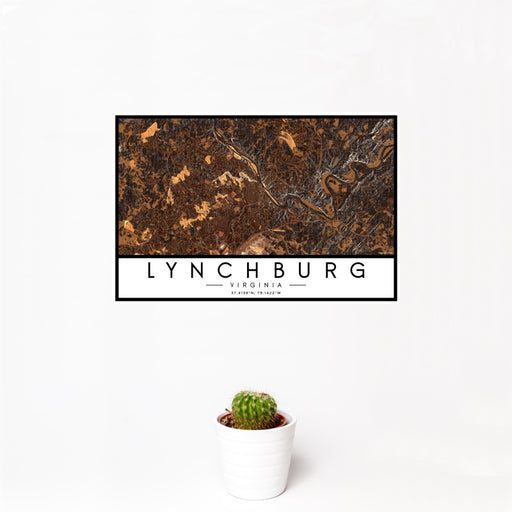 12x18 Lynchburg Virginia Map Print Landscape Orientation in Ember Style With Small Cactus Plant in White Planter