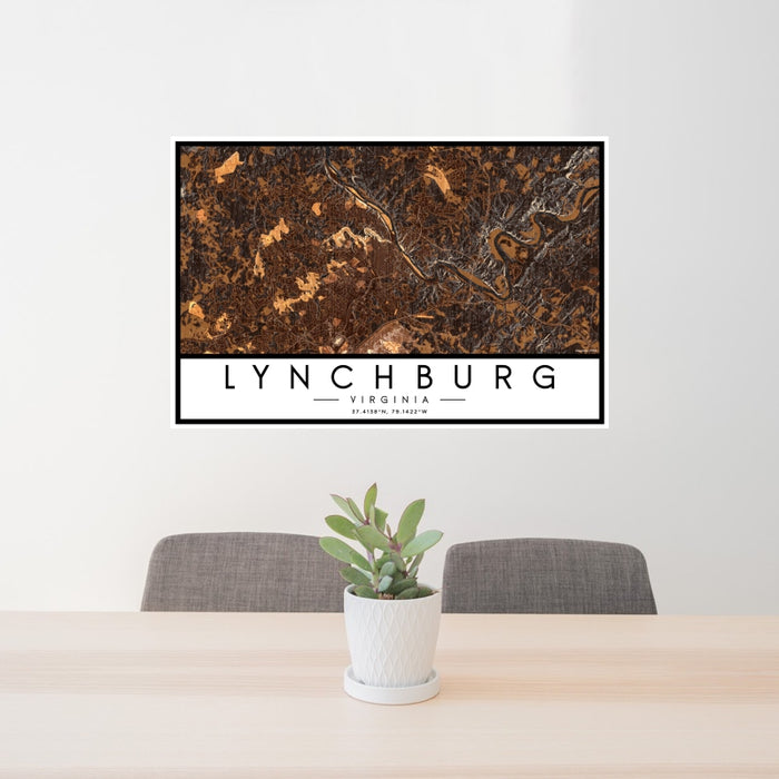 24x36 Lynchburg Virginia Map Print Landscape Orientation in Ember Style Behind 2 Chairs Table and Potted Plant