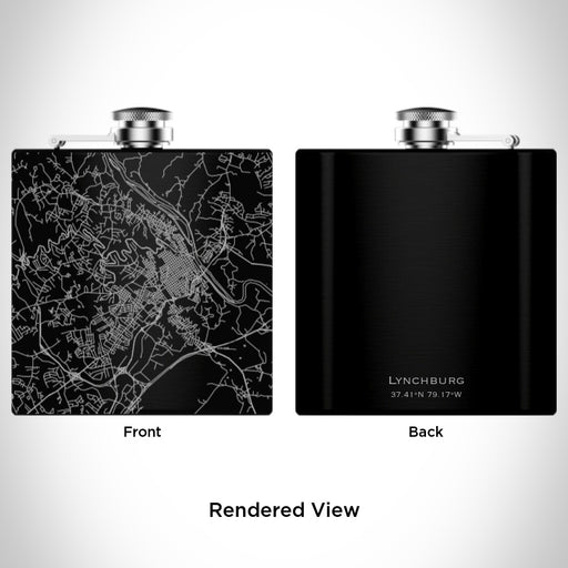 Rendered View of Lynchburg Virginia Map Engraving on 6oz Stainless Steel Flask in Black