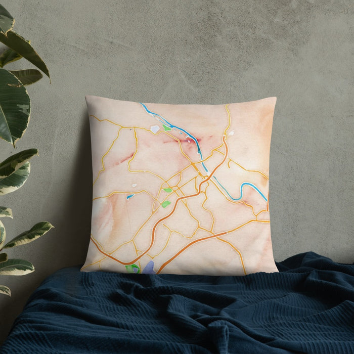 Custom Lynchburg Virginia Map Throw Pillow in Watercolor on Bedding Against Wall