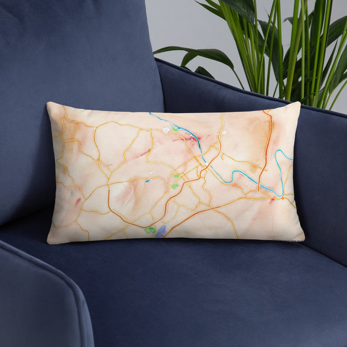Custom Lynchburg Virginia Map Throw Pillow in Watercolor on Blue Colored Chair