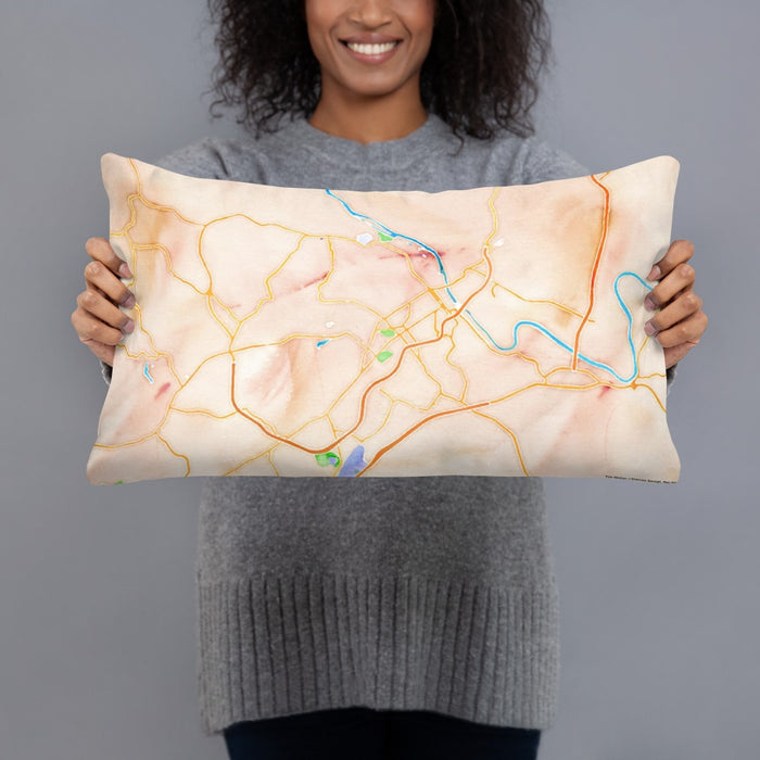 Person holding 20x12 Custom Lynchburg Virginia Map Throw Pillow in Watercolor