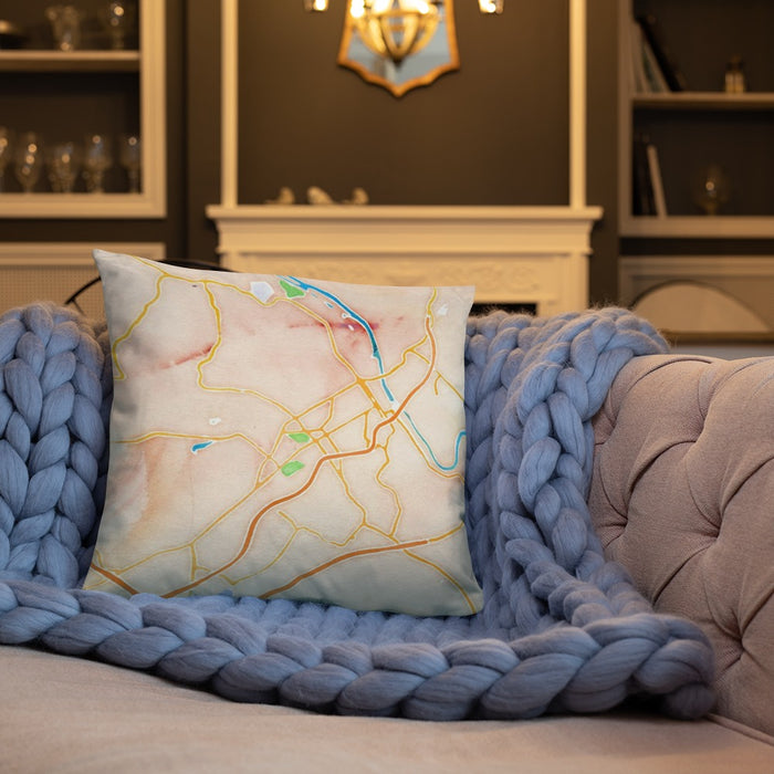 Custom Lynchburg Virginia Map Throw Pillow in Watercolor on Cream Colored Couch